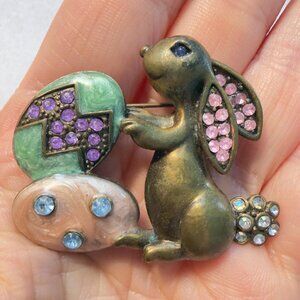 Bunny Brooch Signed AS Bronze Tone Enamel Rabbit Holding Egg Pin – 1.5” Tall
